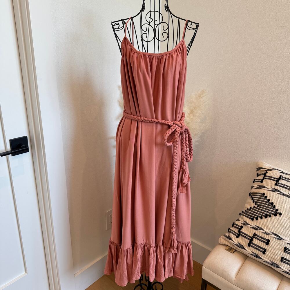Storia Mauve Boho Ruffle Hem Midi Dress With Braided Belt Medium